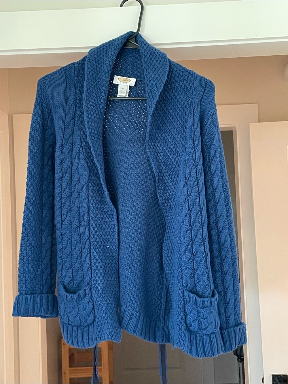 Talbots Petites Medium Blue Cable Knit Belted Cardigan Sweater Shawl Collar